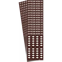 Adhesive pipe marker with legend 'Low Pressure Natural Gas' on brown background with white text. Includes directional arrows for flow indication. Fits pipe outer diameter of 3/4 inch and smaller. Supplied in a pack of 5. Used to identify low pressure natural gas lines in piping systems.