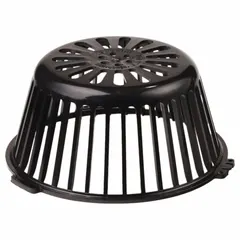 This plastic dome strainer is designed for use with roof drains to prevent debris from entering the drainage system while allowing water flow. It features a flanged connection and an unfinished finish. Overall diameter is 11 1/8 inches, overall height is 5 1/4 inches.