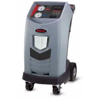 This machine recovers, recycles, and recharges R-134a refrigerant in gas vehicles. It features automatic oil injection, a QVGA color LCD display, and Wi-Fi capability (receiver not included). Designed for use with an external tank, it meets SAE J2788 standards