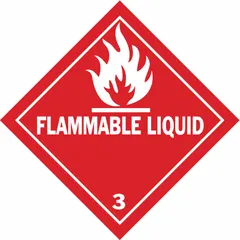 DOT container label for marking drums, totes, and other containers holding Class 3 flammable liquids. Measures 4 inches by 4 inches with a 4-inch label height and width. Displays the required 'Flammable Liquid' message. Supplied in a 500-pack.