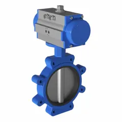 This ductile iron pneumatic butterfly valve is configured for air-to-air actuation with a lug-style body. It is intended for general service in HVAC, wastewater, and water media applications. The valve does not include a pilot solenoid and is suited for on/off or modulating control in industrial fluid handling systems.
