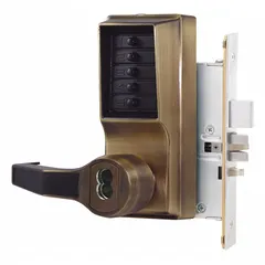 This mechanical push button lockset provides keyless entry for commercial and industrial doors. Constructed in brass, it is ADA compliant and supports key override with Best and Equivalents 6 or 7-pin keys (not included). Suitable for facilities requiring a durable, code-compliant access solution without electrical wiring.