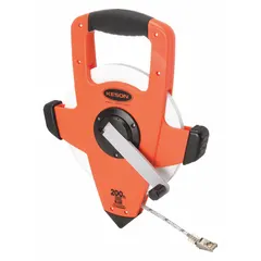 KESON NRS10200H open-reel long tape measure with a 200 ft steel blade featuring a single-sided SAE/Engineers scale graduated in 1/100 ft increments. The plastic case houses the blade, which has a nonmagnetic single hook at the end. Suitable for distance measurement in surveying, construction layout, and engineering applications.