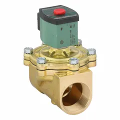 This 2-way, 2-position normally closed solenoid valve features a brass body and is designed for high-flow applications. It operates at 120V AC and has a 1-1/2 in pipe size. Suitable for on/off control of water, air, and light oil in industrial fluid systems.