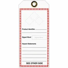 Rectangular plastic safety tag for indoor/outdoor use. Measures 8 1/2 inches high by 3 7/8 inches wide, 0.015 inches thick. Supplied as a 5-pack. Suitable for hazard communication, equipment identification, and lockout/tagout procedures in industrial facilities.