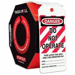 Polyolefin tag with 'Danger, Do Not Operate' legend in English. Includes blank fields for notes, date, and signature. Used in lockout/tagout procedures to warn against equipment operation.