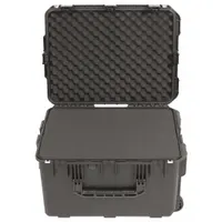 This SKB protective transport case features a black exterior, telescoping handle, two wheels, and latch closures. It includes pick-and-pluck foam for custom equipment inserts and is rated IP67 for dust and water ingress protection. Suitable for transporting sensitive tools, electronics, or instruments in demanding environments