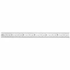 Flexible steel ruler, 6 in length, 0.02 in thickness, with chrome finish and black etched markings. Graduated in 1/100 in (decimal) and 1/64 in scales. Suitable for layout and measurement tasks in machining and metalworking.