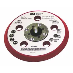This 3M backup pad is designed for use with pressure-sensitive adhesive (PSA) sanding discs. It features a 5-inch diameter, 3/8-inch thickness, and a 5/16"-24 threaded-shank tool connection. The pad includes 5 vacuum holes for dust extraction during sanding and finishing operations.