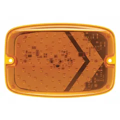 Rectangular amber LED warning light with 13 flash patterns, 1 5/16 in overall width, 12V DC operation, pigtail connection, screw mount, and included gasket. SAE Class 1 rated for use on emergency vehicles, construction equipment, and industrial trucks to signal hazards.