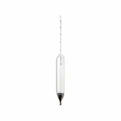 This glass alcoholometer measures alcohol proof in spirits and industrial ethanol solutions, with a range of 75 to 95% and scale divisions of 0.002. Accuracy is ±0.2%. Plain form design provides clear readings for proofing applications in distilleries, beverage quality control, and chemical processing.
