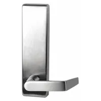 Silver stainless steel lever trim for Dane-style mechanical exit push bars. ADA compliant. Used as outside trim on commercial doors in facilities requiring reliable egress and accessibility