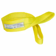 This Type 3 flat-eye web sling is constructed from high-visibility polyester with 2 plies. It features an 18 ft sling length and 12 in eye length, with a wear-resistant tag. Used for lifting and rigging heavy loads in industrial settings such as construction, manufacturing, and warehousing.