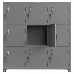 Full-height metal mobile-device locker cabinet with 3 tiers and 3 units wide, providing 9 individual lockers. Each locker measures 24 in x 24 in and features an electronic keypad lock and swing handle. Constructed from steel with a gray finish, this freestanding, surface-mounted unit is supplied fully assembled. Suitable for secure storage of portable electronics or tools in institutional or commercial settings.