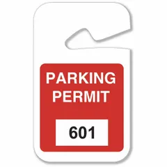 Vinyl parking hanger in red, with a card height of 4 3/4 inches and overall width of 2 3/4 inches. Used to designate authorized parking in lots or gated areas, typically hung from a rearview mirror.