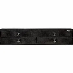 This dual flip-up drop-down door topside box provides secure storage for truck-mounted equipment. It features a T-Handle Compression lock with keyed entry and a matte black finish. Overall width is 90 inches.