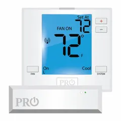 Digital wireless thermostat for heat and cool applications, operating on 18V AC. Features push-button controls, automatic changeover, and system settings of Cool-Heat-Off. Temperature control range from 44° to 90°F with adjustable differential of 0.2°F to 2°F. Square, vertically mounted unit with terminal designation Y and Private Label Badge System.