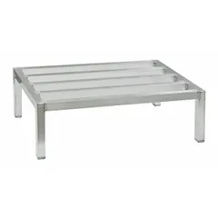 Welded aluminum dunnage rack with natural silver finish, measuring 8 in x 48 in x 24 in. Supports up to 2,500 lb and includes cap feet. Used in industrial storage and material handling for organizing parts, pallets, or work-in-progress.