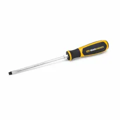 This slotted screwdriver features a 1/4 in tip and a 6 in shank length, with an overall length of 10 1/2 in. The long shank provides reach for accessing fasteners in confined spaces. A cushion grip handle reduces hand fatigue during extended use. Suitable for turning slotted fasteners in assembly, maintenance, and repair tasks.