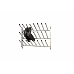 This wall-mount rack is constructed of aluminum and holds up to 12 pairs of boots or shoes. It has an overall length of 41 7/8 inches and includes pre-drilled holes for mounting. Suitable for drying and storing footwear in industrial facilities, locker rooms, or maintenance areas.