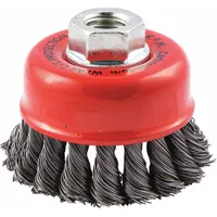 This cup brush is designed for heavy cleaning of contoured carbon steel surfaces. It features a 2 3/4 in diameter, 0.02 in fill diameter, and standard twist knot wire bristles. The brush connects via a 5/8"-11 arbor hole. Typical applications include removing rust, scale, and weld splatter from irregular shapes