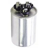 Dual run capacitor for HVAC systems, used to start and run compressor and fan motors. Stores electrical energy to provide voltage boost for motor efficiency in air conditioning and heat pump units