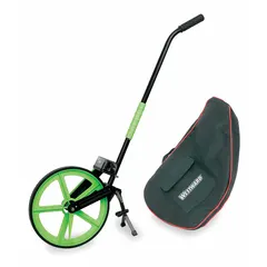 Mechanical outdoor measuring wheel with a 100,000 ft range. Features a fixed handle, spoked single wheel with rubber tread, and foldable design. Measures in SAE units (feet). Requires AAA batteries (not included). Suitable for measuring linear distances in outdoor environments.
