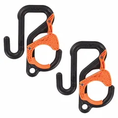 Plastic bucket bag hook and cover in black and orange with a Vibrant Orange Lock. Measures 2 in wide, 2 3/4 in high, and 8 1/2 in long. Designed as an apron hook for bucket bags, used to hang tools or accessories from a bucket for organized access in maintenance, construction, and facility settings.