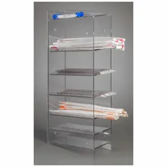 Clear PETG benchtop pipette holder designed to organize and store up to six serological pipettes. Overall height 24-5/8 in, length 11 in, width 4-7/8 in. Keeps pipettes upright and accessible in laboratory settings.