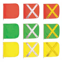 This replacement whip flag features a green body with a yellow reflective X for enhanced visibility. Measuring 16 inches by 16 inches, it is used to mark slow-moving vehicles, construction zones, and industrial equipment.