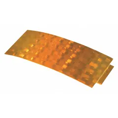 Rectangular amber stick-on reflector made of acrylic. Measures 4 1/4 in overall length by 1 11/16 in overall width. Meets SAE A standards. Used on trailers, trucks, and heavy equipment for low-light visibility.