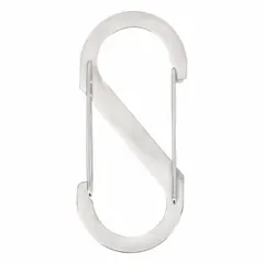This load-rated S-hook double snap hook features a wire gate opening and is constructed from stainless steel. It is designed for securing and organizing gear, keys, or tools in light-duty industrial, outdoor, or workshop applications where quick attachment and release are needed.