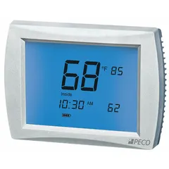 This PECO thermostat features a touch screen interface and supports 3H/2C conventional or 4H/2C heat pump systems. It offers automatic and manual changeover with 5-1-1/5-2/7 day programming. Designed for horizontal mounting, it controls temperature from 50° to 90°F and is suitable for residential or light commercial HVAC applications.