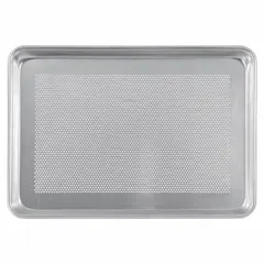 This one quarter size sheet pan is made of uncoated aluminum with a perforated surface and closed bead closure. It is suited for commercial baking applications where even heat distribution and drainage are required, such as roasting vegetables or baking pastries that need moisture to escape.
