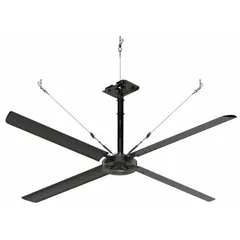 Industrial HVLS ceiling fan with 10 ft blade diameter, variable speed control, and 55,119 cfm airflow. Operates on 480V AC three-phase power at 3 A. Suitable for large spaces such as warehouses, distribution centers, and manufacturing facilities with high ceilings.