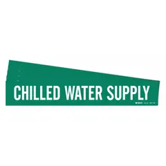Green adhesive pipe marker with white legend reading 'Chilled Water Supply'. Designed for pipe outer diameters of 8 inches and larger. Pack of 5 markers without directional arrows. Used to identify chilled water supply lines in piping systems.