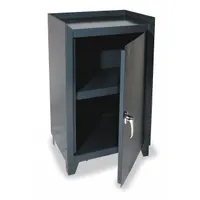 This industrial shelf cabinet is constructed of gray powder-coated steel with welded stationary legs and two fixed shelves. It includes a swing handle and keyed lock for secure storage. Suitable for organizing tools, parts, and supplies in workshops, warehouses, and manufacturing facilities