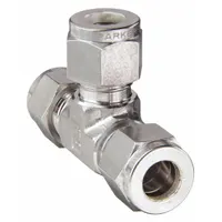 This PARKER compression tee fitting is made of stainless steel and features a double-ferrule design for leak-tight connections in tubing systems. It has three ports, each sized for 3/8 in OD tubing, and is compatible with Parker A-LOK fittings. Typical applications include instrumentation, hydraulic, and pneumatic lines where vibration resistance and reliable sealing are required