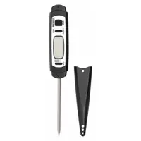 Stem-type digital thermometer with LCD display and metal-detectable plastic construction. Provides ±4 °F accuracy and features auto-off. Overall length 4 in, diameter 3/4 in. NSF certified. Used for food temperature testing in commercial kitchens and food processing