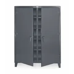 This STRONG HOLD shelf-style shift cabinet is assembled with legs and features two swing doors and eight adjustable shelves. The dark gray finish suits industrial environments for organized storage of tools, equipment, and parts.