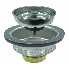 Stainless steel sink drain with basket strainer, chrome finish. Includes standard mount drain kit and gasket. Overall diameter 3 in, height 2-1/2 in. For kitchen sinks to catch debris while allowing water flow.