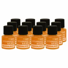 This A/C dye refill kit includes twelve 0.25 oz bottles of dye formulated for universal/ester oils. Compatible with R-1234yf and R-134a refrigerants, it is used for leak detection in automotive air conditioning systems.
