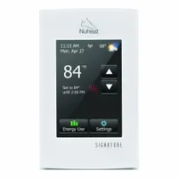 The NUHEAT Signature thermostat is a touch-screen control for electric floor heating systems. It operates on 120/240V AC and maintains floor temperatures from 41° to 104°F. Suitable for use with tile, stone, and laminate floors in residential and commercial spaces
