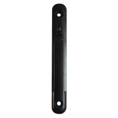 This wall-mount plastic receiver secures the belt end of a retractable belt barrier system. With a 6-inch overall height and black finish, it is used for crowd control, queue management, and safety delineation in public and commercial spaces.