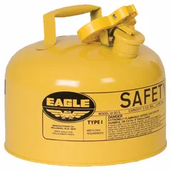 EAGLE Type I safety can for diesel fuel storage and dispensing. Constructed of powder coated steel in yellow with a 2 1/2 gallon capacity. Suitable for industrial environments such as plant maintenance, fueling stations, and workshops where approved safety containers are required for flammable liquids.