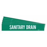 Green adhesive pipe marker with white legend reading 'Sanitary Drain'. Designed for pipes with an outside diameter of 8 inches and larger. Each pack contains 5 markers, each without directional arrows. Used to identify sanitary drain lines in industrial piping systems