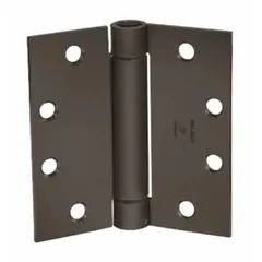 Full mortise-mount spring hinge in bronze with a bronze finish. Overall height and width each measure 4 1/2 inches. Used for self-closing doors in commercial and industrial applications such as warehouses and factories.