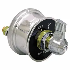 Single-pole (SP) rotary switch with On/Off function, featuring a silver actuator and black stem. Includes 2 connections and corrosion-resistant brass mounting stems for panel-mount installation. Suitable for circuit control in automotive, industrial, and other panel applications.