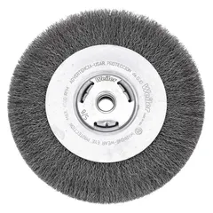 This light-cleaning brush from WEILER is designed for carbon steel surfaces. It features a crimped steel fill of 0.014 in and measures 6 in diameter by 5/8 in width. The brush accepts a 5/8 in to 1/2 in arbor. It is used for removing rust, scale, and light burrs in maintenance and metalworking applications.