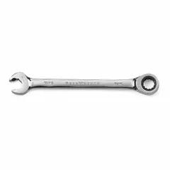 This SAE double-end 12-point ratcheting box end wrench is made of steel with a chrome finish. It has a 7/16 in head size and an overall length of 6-5/8 in. The ratcheting box end design allows for quick fastener engagement without removing the wrench, suitable for tightening or loosening fasteners in confined spaces.